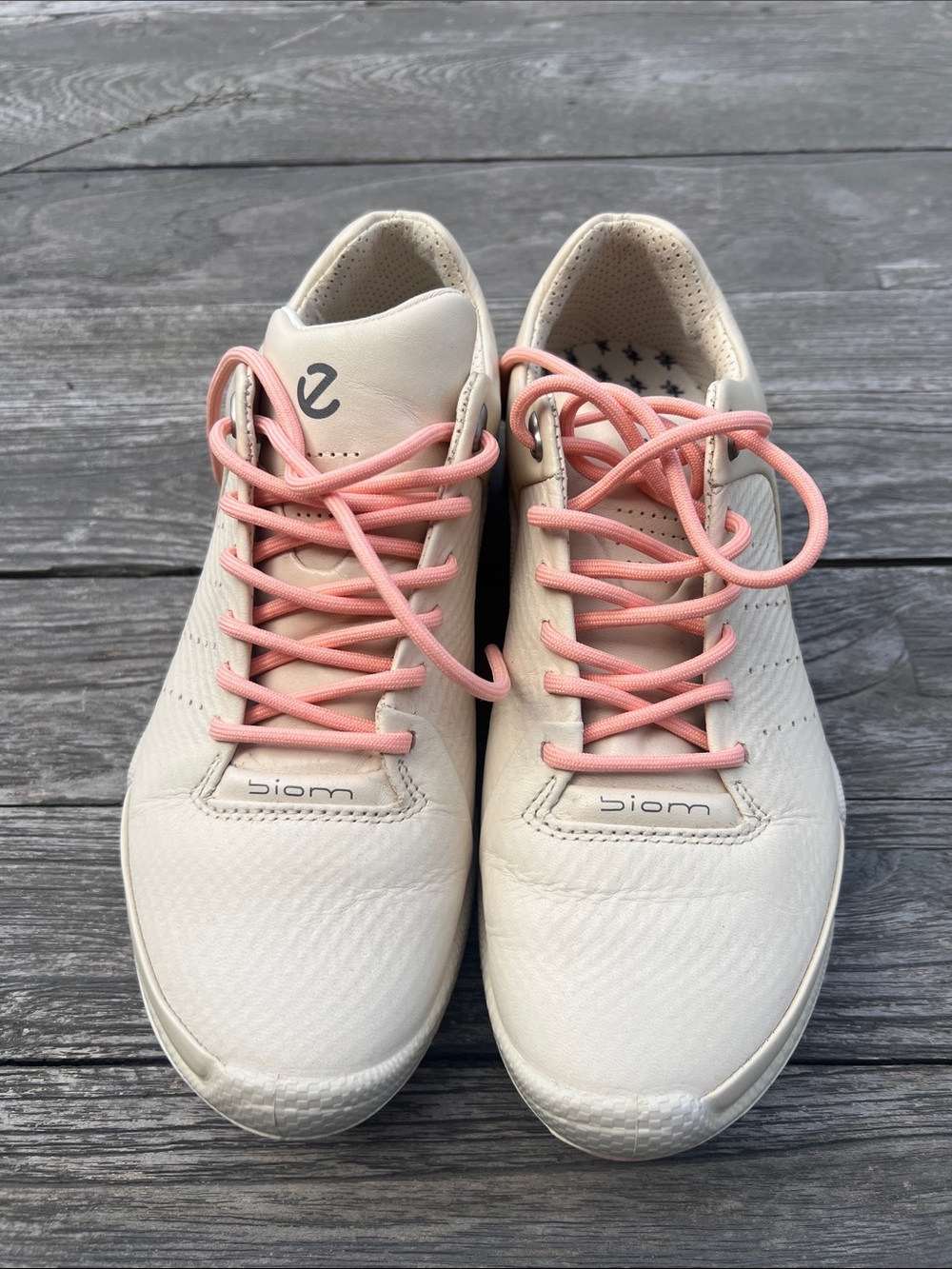 Ecco BIOM Women’s Leather Cream Sneakers with Pink Laces